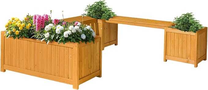 VINGLI Outdoor Wood Bench with Planter Boxes, 2-in-1 All-Weather Porch Bench by VINGLI