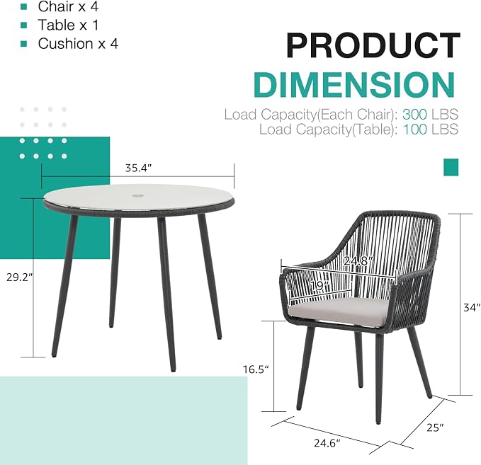 Patiorama 5-Piece Patio Dining Set, Outdoor Dining Table Chair Set, All-Weather - Image 3