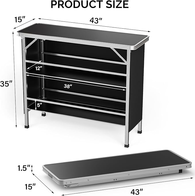 VINGLI 43" Portable Bar Table, 3-Tier Shelves, Mobile Bar Table - Image 2