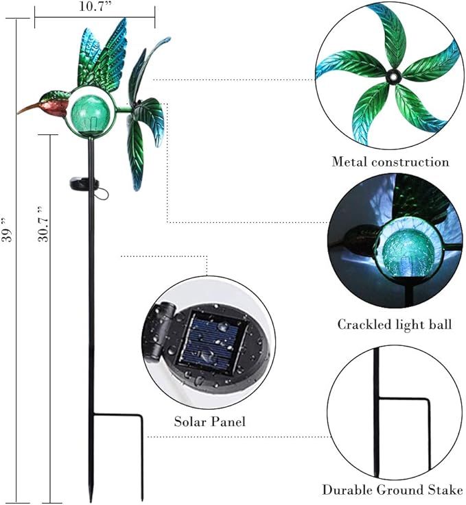 Afirst Solar Hummingbird Wind Spinner, Metal Kinetic Garden Stake Lights Wind - Image 2
