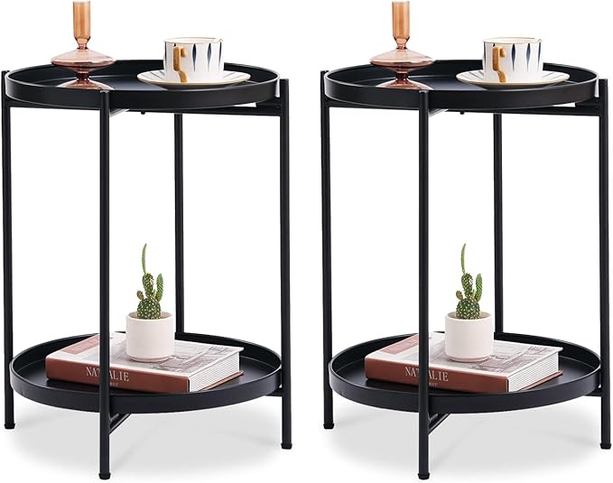Tiita 2 Pack Round End Table Mental 2-Tier Side Table Nightstand/Small Iron by TiitaHome