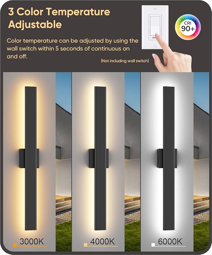 Aipsun 2 Packs Outdoor Wall Sconce, 3000K 4000K 6000K, 31.5in Modern Black - Image 4