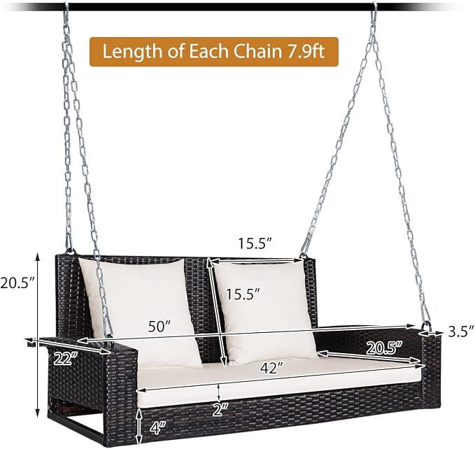 DORTALA Hanging Porch Swing, 2-Person Outdoor Wicker Swing Chair Bench - Image 6