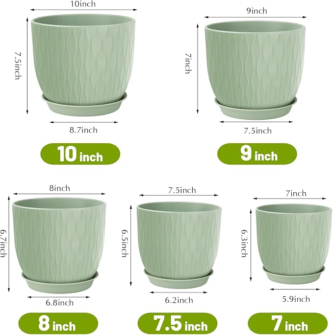 Plastic Plant Pots 10/9/8/7.5/7 inch Set of 5, Flower Planters - Image 2