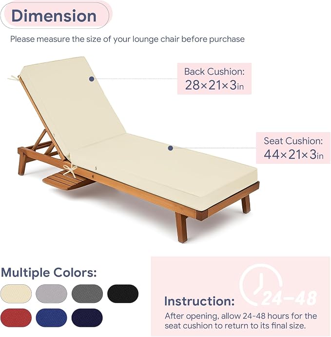 Lounge Chair Cushion Waterproof Chaise Lounge Cushions 72x21x3 Inch Non-Slip - Image 5