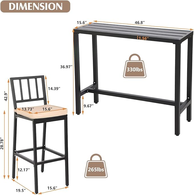 Outdoor Bar Chairs & Table, Metal Patio Bar Set, 3 Piece - Image 6