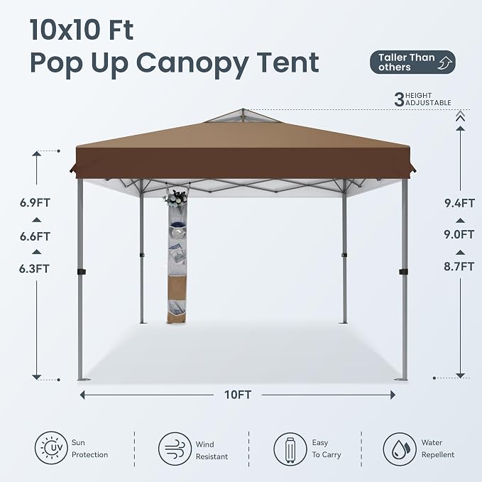PHI VILLA 10x10ft 1-Person Setup Pop Up Canopy Tent Instant Portable Shelter w/ - Image 7