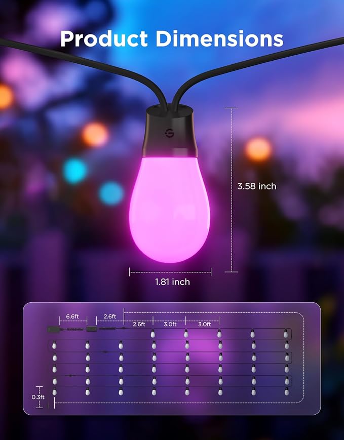 Govee S14 Bulb Outdoor String Lights 2, 144ft RGBIC Smart Warm White Outdoor - Image 8