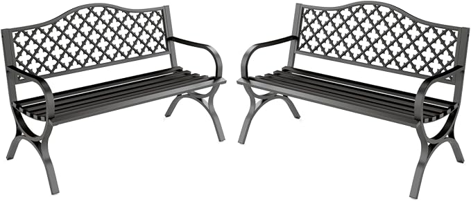 MFSTUDIO Outdoor Metal Bench Set of 2, Cast Iron Frame Patio Furniture by MFSTUDIO