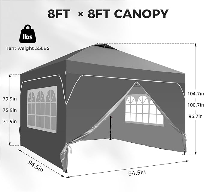 8x8 FT Pop Up Canopy with 1-Button Push, 4 Removable Sidewalls, Instant Canopy - Image 5