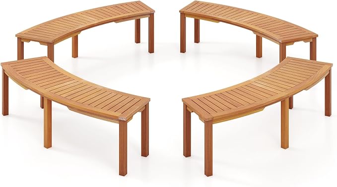 Tangkula Outdoor Curved Bench, Acacia Wood Fire Pit Bench w/Slatted Seat by TANGKULA