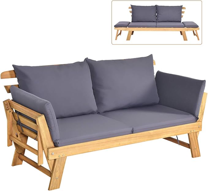 Tangkula Convertible Acacia Wood Patio Couch Sofa Bed by TANGKULA