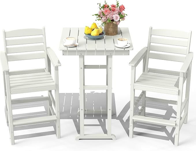 3-Piece Adirondack Bar Table and Chair Set, HDPE All-Weather Bar Height Chairs by NAVINE