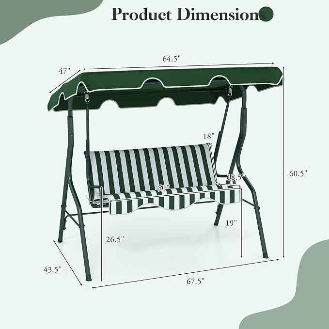 Porch Swing Outdoor, 3 Person Patio Swing w/Removable Cushion, Stand & - Image 8