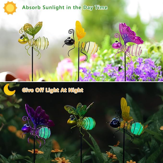 Garden Decor for Outside, Glow in The Dark Bee Lights Metal Yard Art, - Image 4