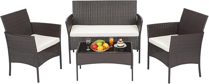 FDW | 4-Piece Patio Furniture Set | Brown | Outdoor Wicker Furniture by FDW