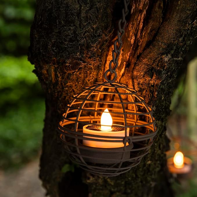 Solar Hanging Lanterns Outdoor Waterproof, Rust Iron Ball Candle Holder - Image 2