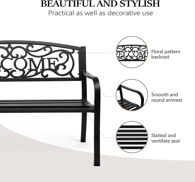 VINGLI Outdoor Bench for Patio Metal Garden Bench w/PVC Back Pattern - Image 4