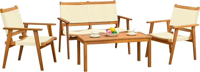Devoko 4 Pieces Acacia Wood Patio Conversation Sets, Patio Furniture Set by DEVOKO