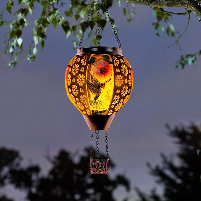 DREAMSOUL Hummingbird Hot Air Balloon Solar Lantern, Metal & Glass Flickering - Image 2