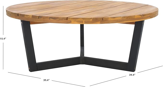 SAFAVIEH Outdoor Collection Leo Natural/Black Solid Wood Round Coffee Table - Image 3