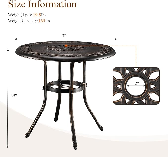 VINGLI 32" Outdoor Dining Table, Round Patio DiningTable - Image 3