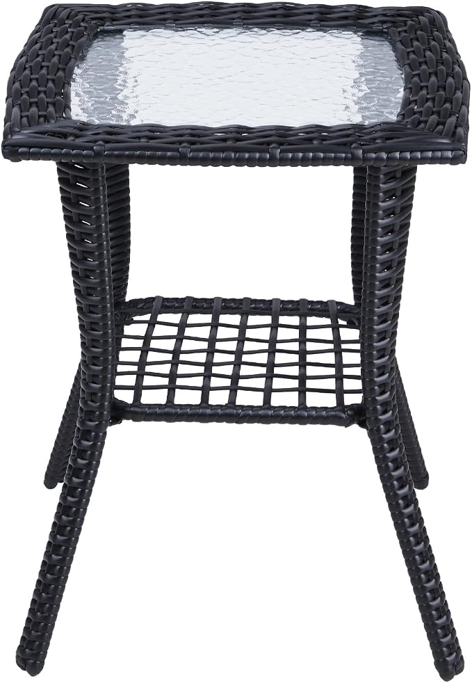 Outdoor Side Table with Storage Wicker Patio Side Table, Tempered Glass Top End - Image 4