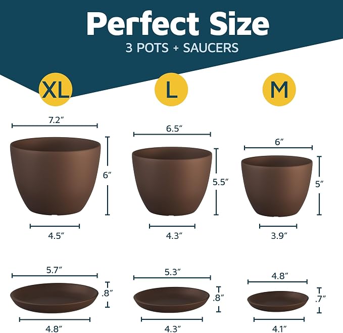 Brown Plant Pots with Drainage Holes & Saucers 3 Pack, Indoor & Outdoor - Image 2