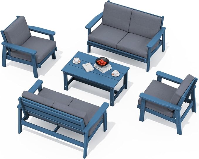 SERWALL HDPE Patio Furniture Set, 5 Piece All Weather Wood-Like Sectional by SERWALL