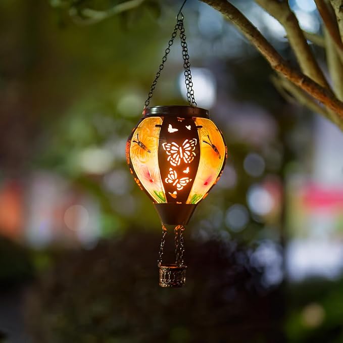 DREAMSOUL Butterfly Hot Air Balloon Solar Lantern, Glass & Metal Outdoor - Image 4