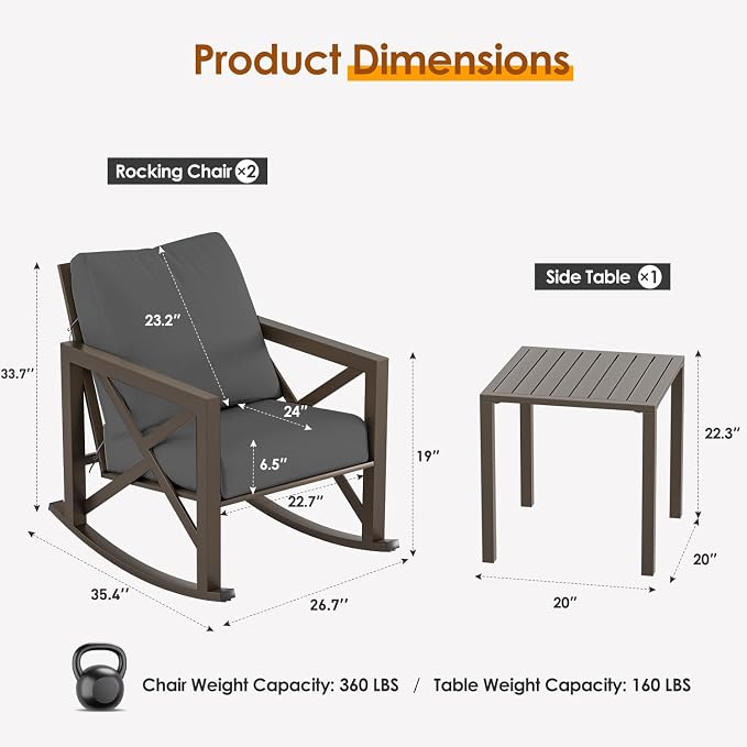 Outdoor Rocking Bistro Set, Patio Rocking Chairs Set of 2 - Image 6