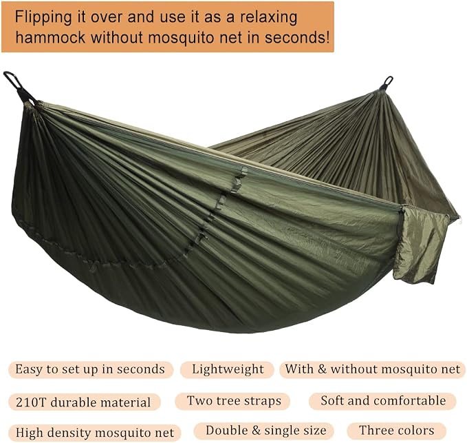 Camping Hammock with Mosquito Net, Double & Single Lightweight Portable - Image 6