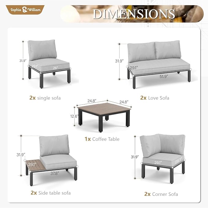 Sophia & William 9PCS Patio Furniture Set, Metal Outdoor Sectional Sofa Patio - Image 6