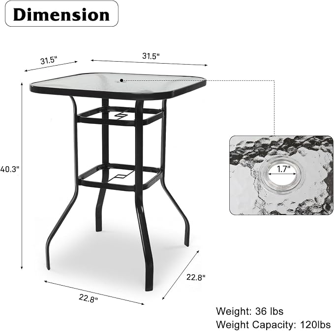 VINGLI Outdoor Bar Table with Umbrella Hole, Modern Black Metal Patio Bar Table - Image 3