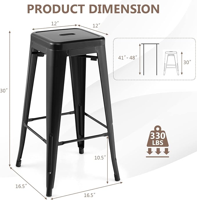 COSTWAY Bar Stools Set of 4, 30” Bar Height Metal Stools - Image 3