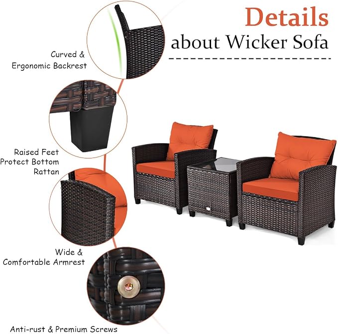 Tangkula 3 Pieces Patio Furniture Set, PE Rattan Wicker 3 Pcs Outdoor Sofa Set - Image 4
