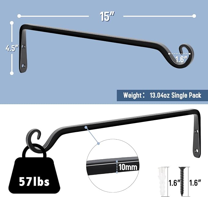 FEED GARDEN 15 Inch 2 Pack Hand-Forged Hanging Plant Bracket Heavy Duty Metal - Image 2