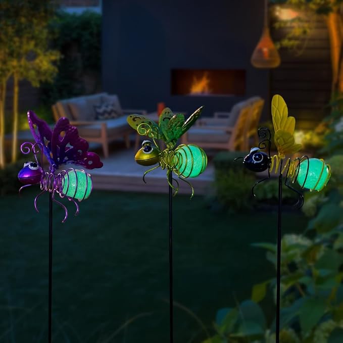 Garden Decor for Outside, Glow in The Dark Bee Lights Metal Yard Art, - Image 2