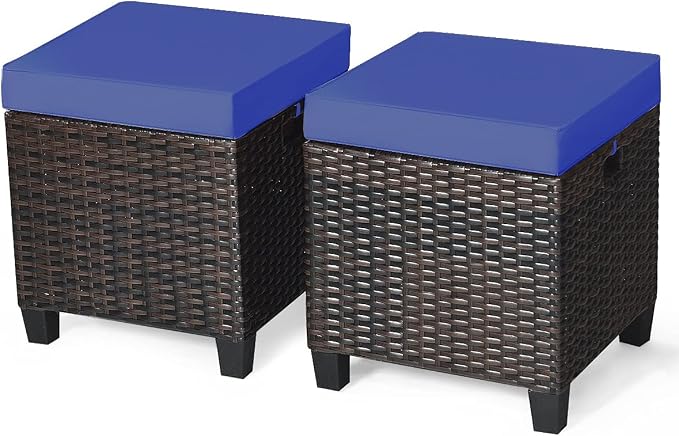 2PCS Patio Outdoor Ottomans, Rattan Wicker Ottoman Seat w/Removable Cushions by Unknown