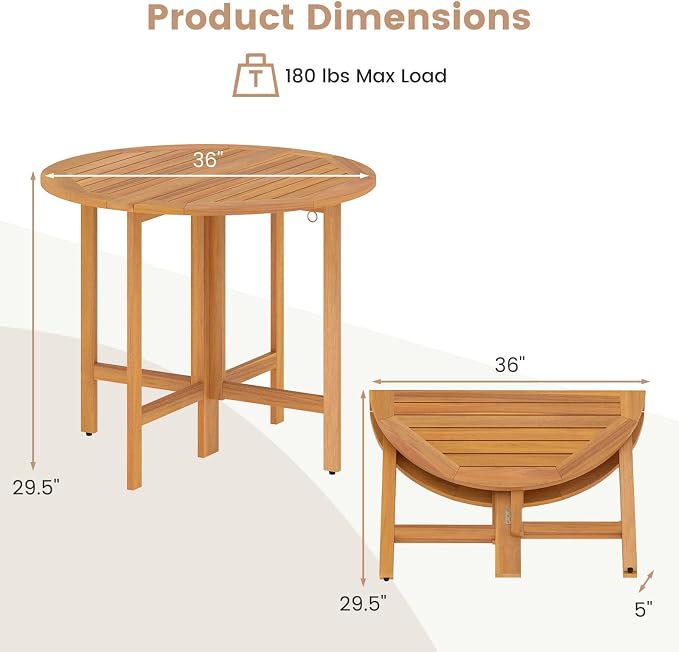 Tangkula 36 Inches Outdoor Folding Round Dining Table, No Assembly Patio Acacia - Image 3