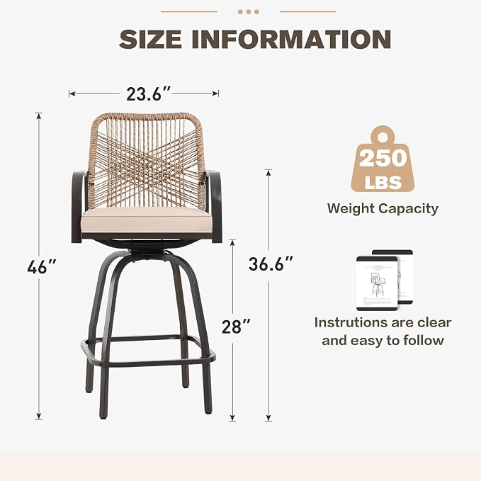 Patio Swivel Bar Stools Set of 4, Outdoor Rattan Height Bar Patio Swivel Chairs - Image 3