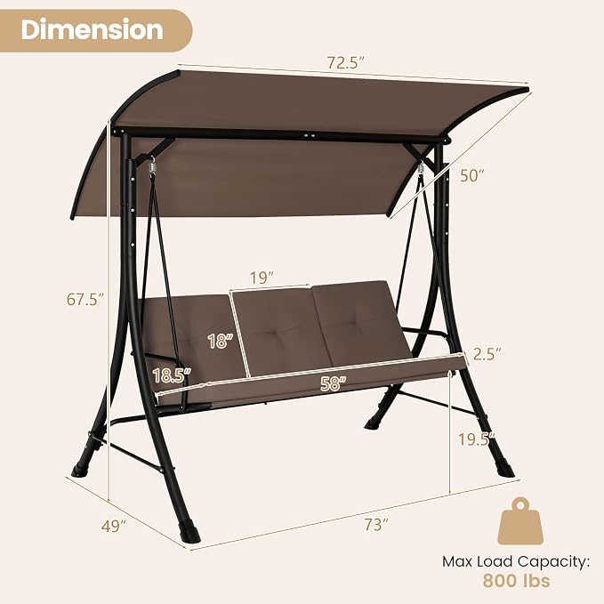 HAPPYGRILL 3-Seat Outdoor Porch Swing - Image 8