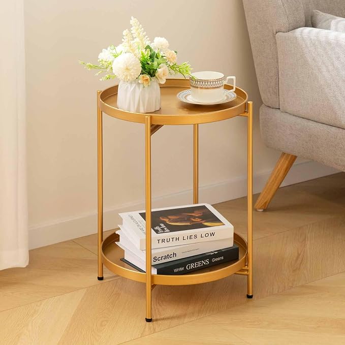 HollyHOME 2-Tier Round Gold Side Table, Outdoor Small Folding Accent Stand - Image 2