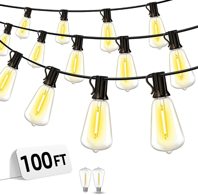 Outdoor Patio String Lights 100ft: ST38 LED Shatterproof Bulbs 3 Modes Button by Vozuji