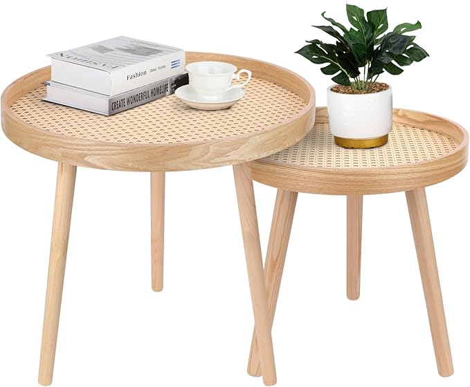 Round Coffee Table Set of 2, Natural Boho Coffee Tables, Small Mid Century by ZYBTtoCreateHappyMemories