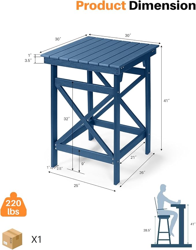 HDPE Outdoor Bar Table, All Weather HDPE High Top Pub Table, Square HDPE Patio - Image 4