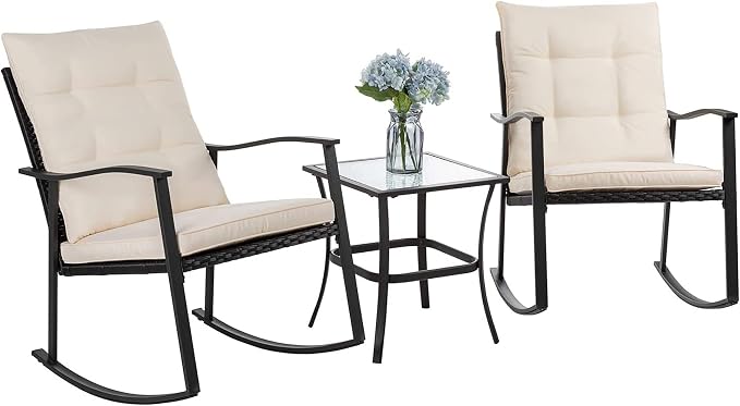 Shintenchi Outdoor 3-Piece Rocking Bistro Set, Wicker Patio Furniture Porch by Shintenchi