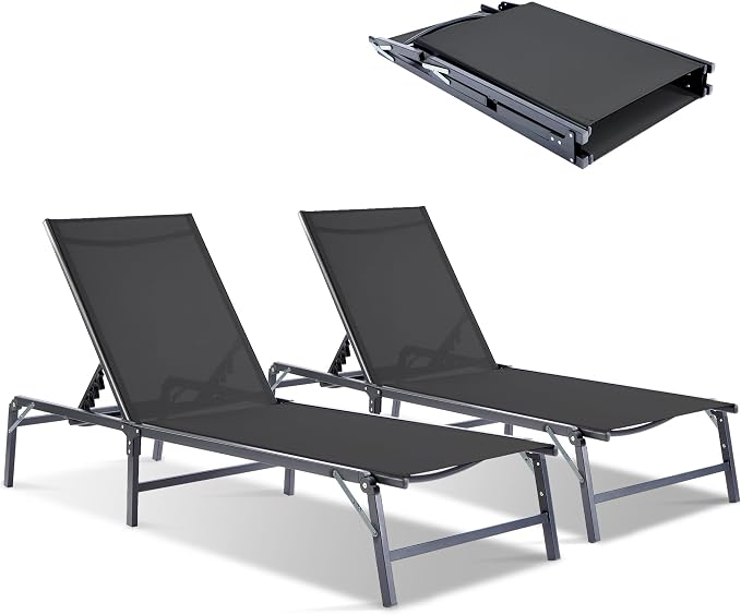Outdoor Chaise Lounge Chair Set of 2, Foldable & Assemble-Free, 6 Adjustable by HOMELYM