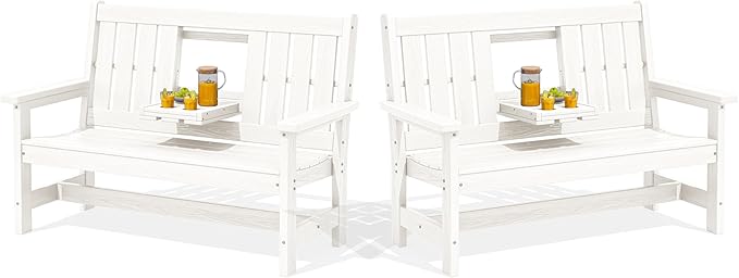 SERWALL Outdoor Bench with Cup Holder, All Weather Patio Benches with High by SERWALL