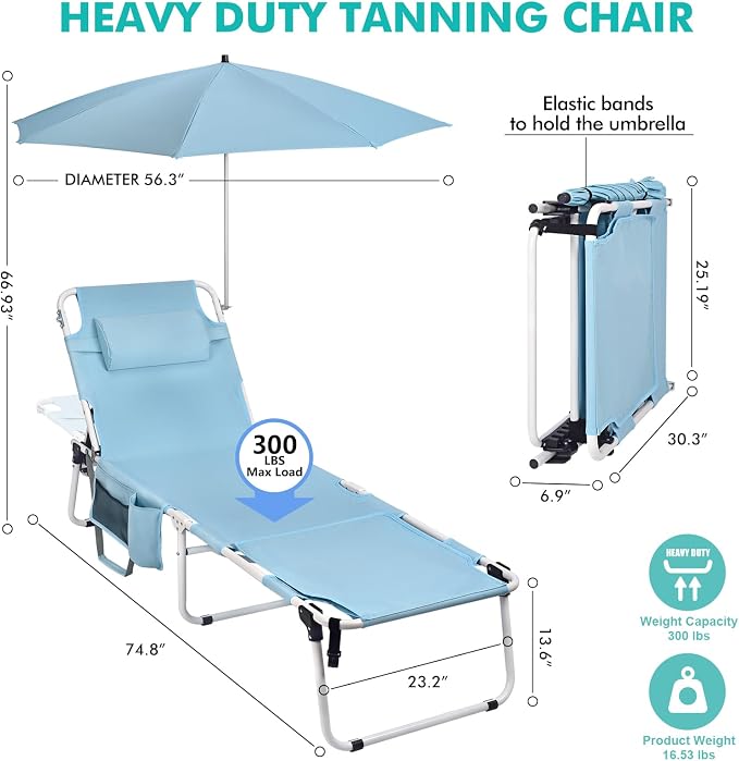 Tanning Chair with Umbrella UPF 50+ Adjustable, Heavy Duty Folding Chaise - Image 2